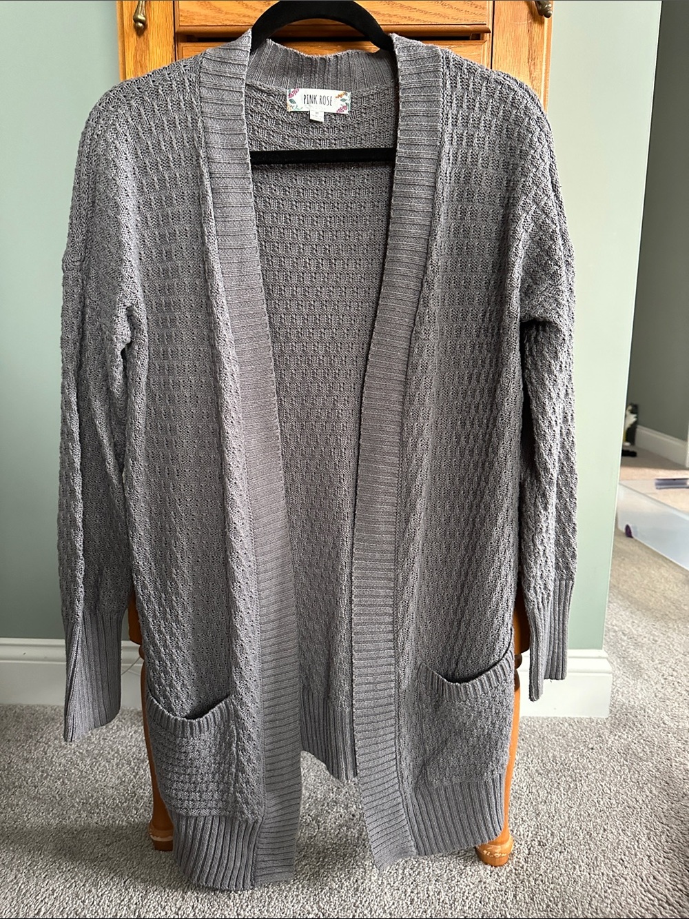 Pink Rose Gray Open-Front Knit Cardigan with Pockets
